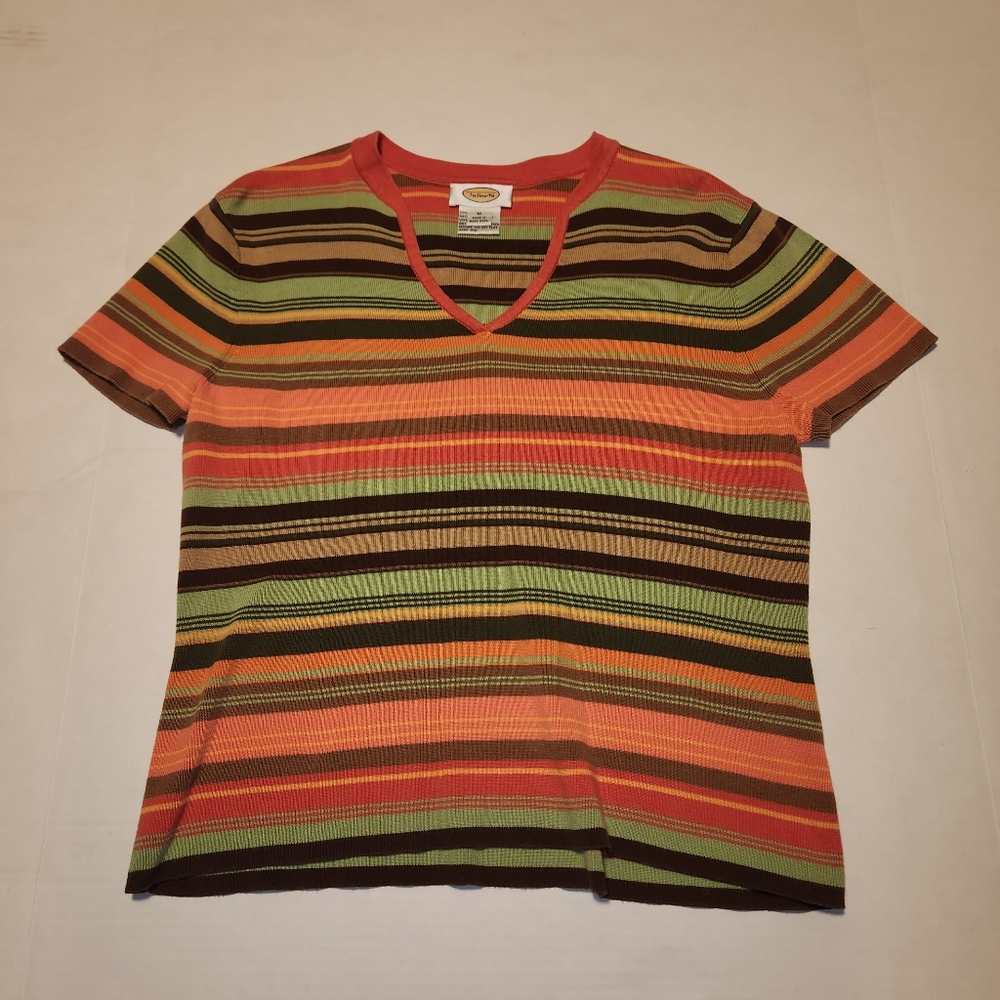 VTG 100% Cotton Talbots Striped V-Neck Knit Short Sleeve Top Medium M EUC